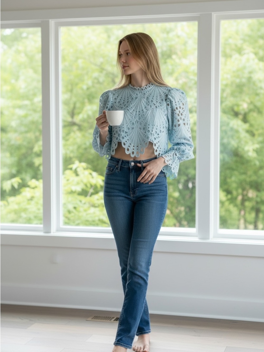 Vici Light Blue Eyelet Lace Crop Blouse - Picture 3 of 6